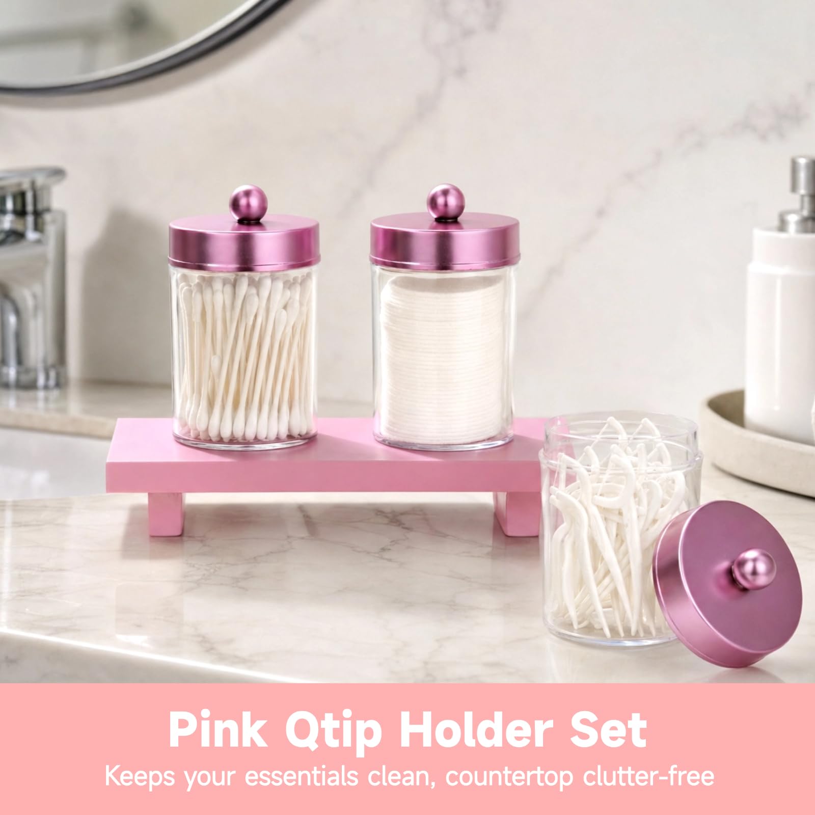 3er-Set Qtip-Halter, Acryl-Wattestäbchenhalter mit Deckel und Ablage, Aufbewahrungsdosen für Bad und Schminktisch, für Wattebällchen, Pads, Zahnseidesticks, rosa