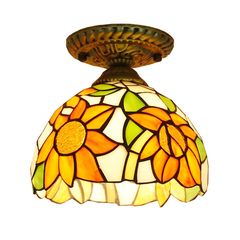 Chao Zan Style Ceiling Light Stained Retro Stained Glass Bowl Shade Ceiling Lamp, Metal Decoration Hallway Ceiling Lighting Fixtures Lamps Flush Mount Antique Design Handcrafted (A)