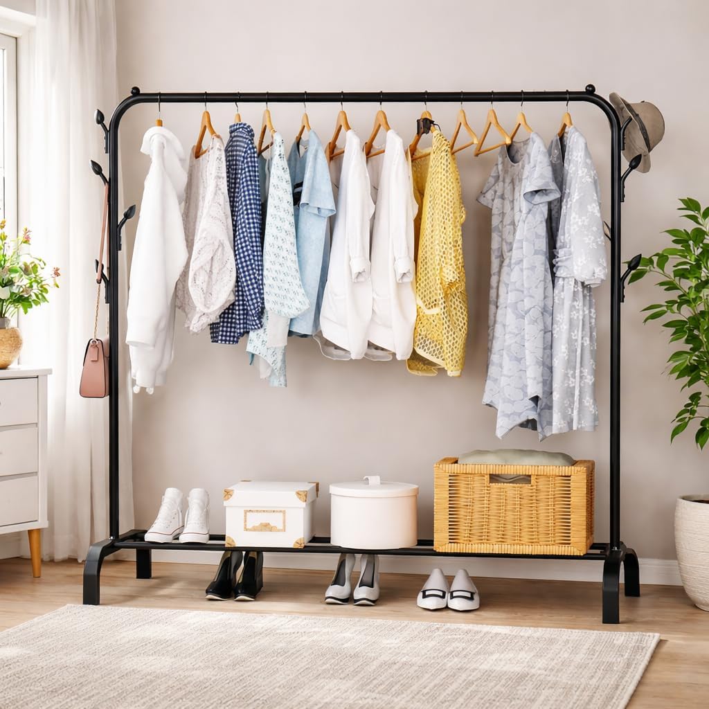 SNKR ESSENTIALS Metal Multifunctional Heavy-Duty Quality Garment Stand Cloth Rack Freestanding Storage Organizer With Bottom Shelves Adjustable Single Pole (Green)