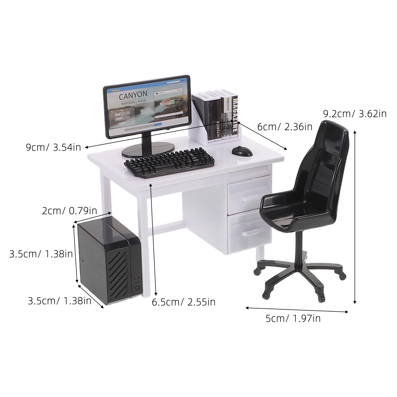 Balacoo Set di 2 set di scrivania per computer in miniatura, scala 1:12 | Accessori per mobili per casa delle bambole con computer, tavolo, sedia, tastiera, mouse, monitor libri, CPU