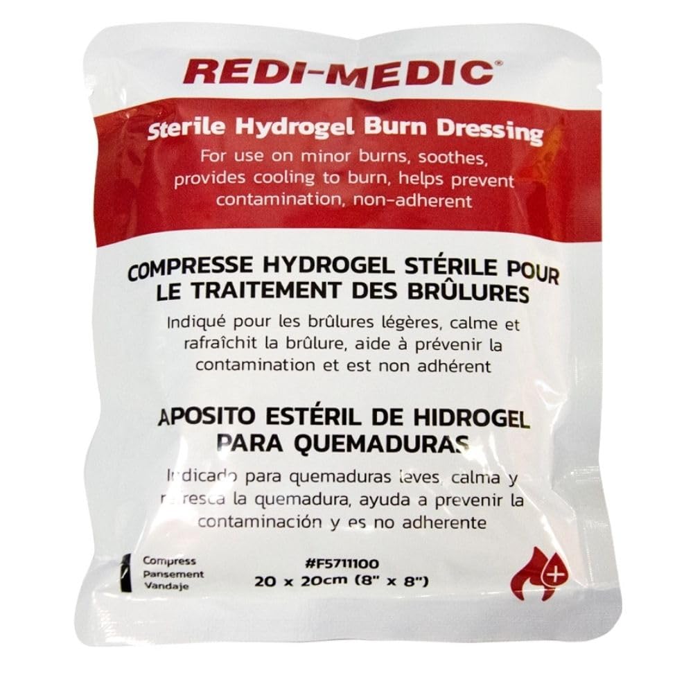 Redi-Medic Sterile Hydrogel Burn Dressing 8 x 8-in for 1st & 2nd Degree Burns, First Aid Burn Bandages for Sunburn, Scalds & Emergencies. Soothes & Cools.