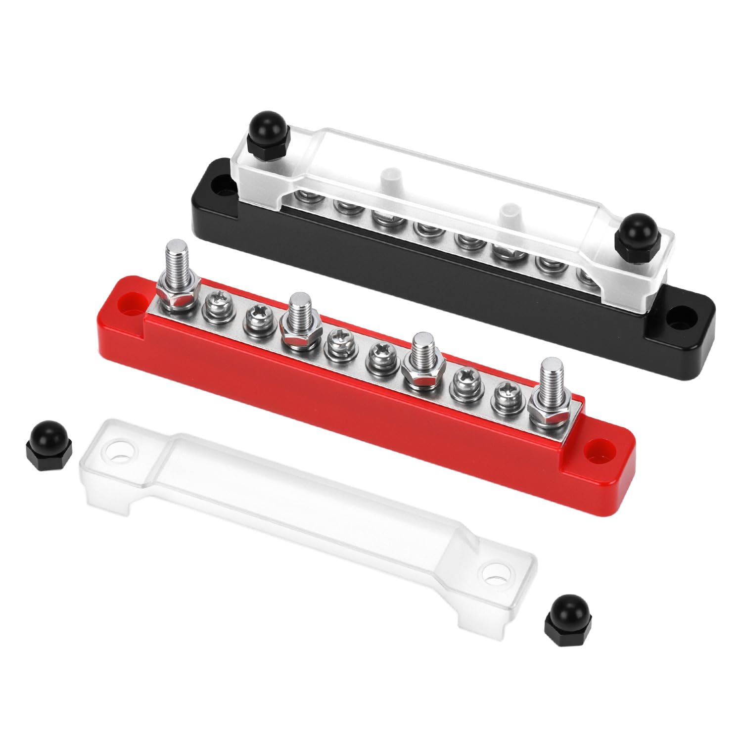 QWORK® 150A 12V Bus Bar with 4xM6 Studs & 6xM4 Screws,Power Distribution Terminal Block for Car, Boat, Marine, Solar Systems, Black & Red