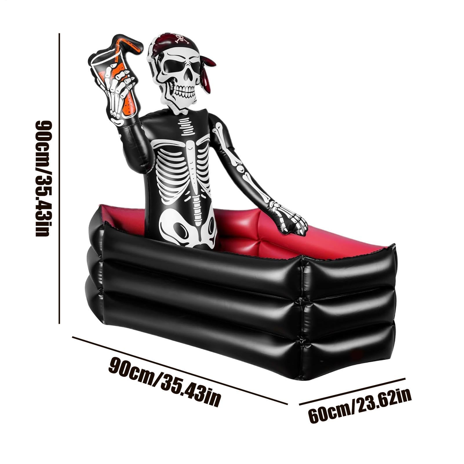 Halloween Aufblasbarer Kühler - 35 Zoll Schädel Sarg Eiskübel | Party Decor Große Kapazität Getränkehalter mit Skelett | Indoor Outdoor Garten Terrasse Pool Kühler 1000g 90x60x90cm Wiederverwendbar