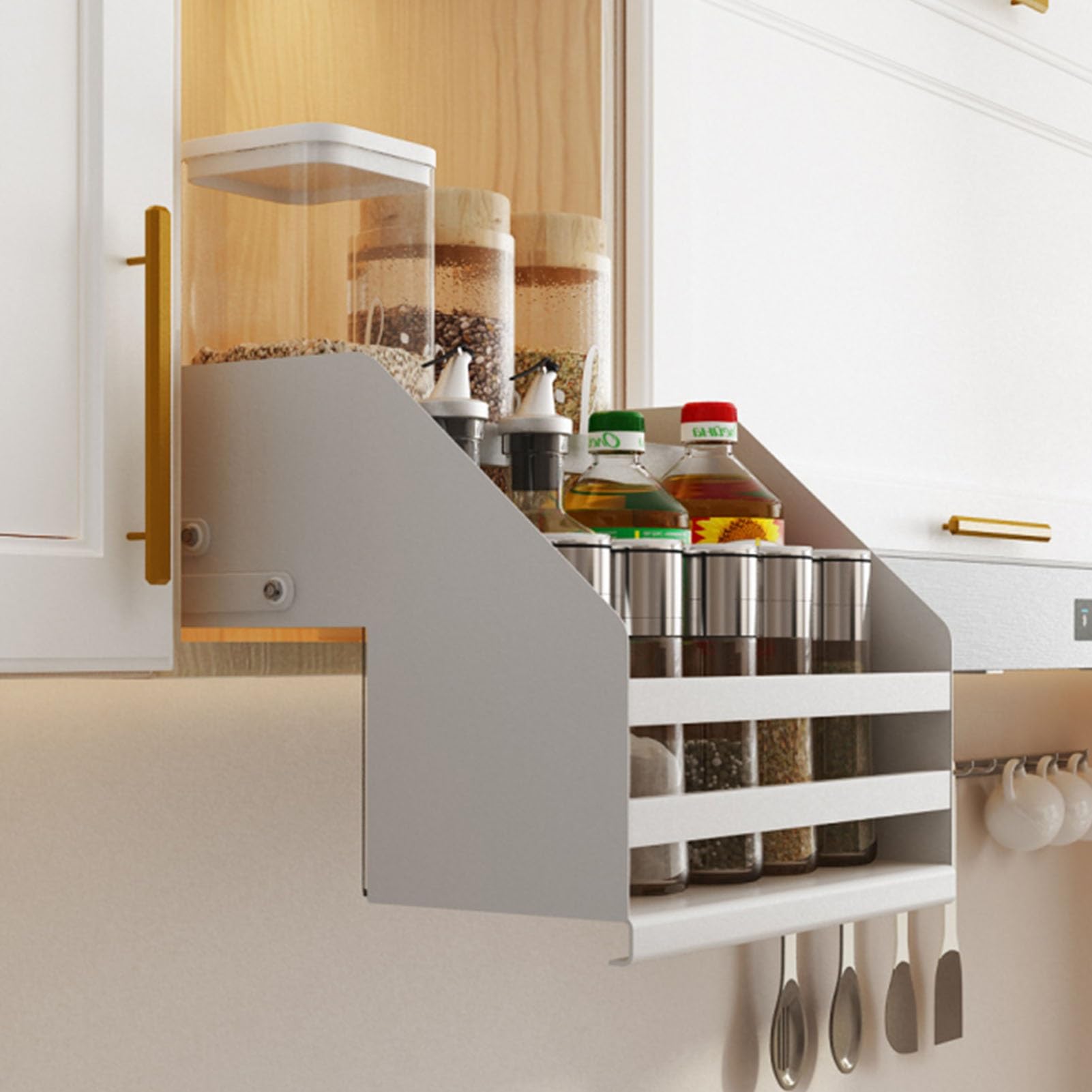 Armoire extensible avec 2 étagères coulissantes pour épices et couverts