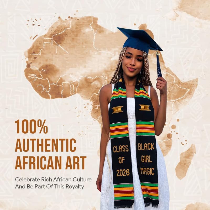 Black Girl Magic Kente Graduation Stole 2026 | Authentic African Art Kente Stole | Bold Patterns and Vibrant Colors 72"x4.5"