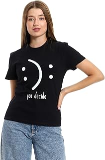 تيشرت مطبوع باكمام قصيرة ورقبة دائرية للنساء - لون اسود, أسود, M، من مسيري