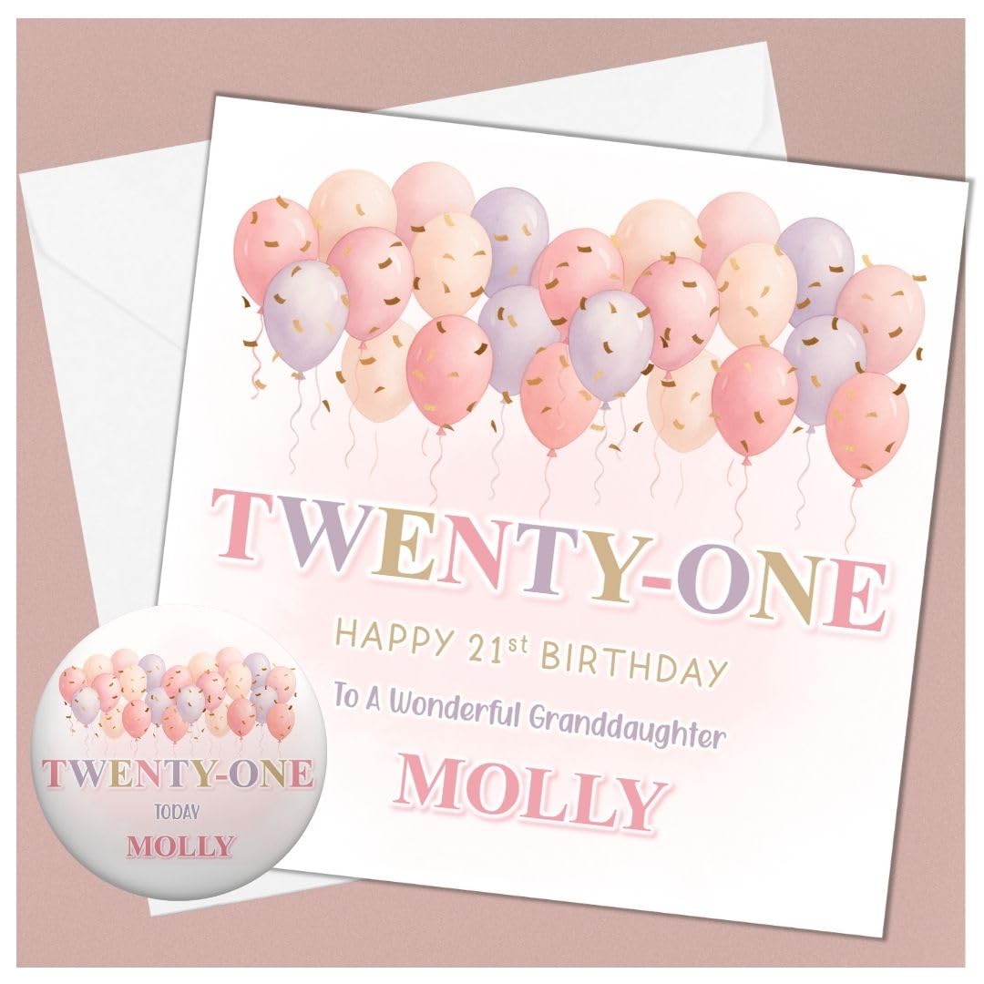 All Things Personal, 21st Birthday Card for Her Personalised Pink Design for Daughter Sister Niece Granddaughter or Goddaughter Optional Matching Badge & Money Wallet Set (Large Card & Badge)