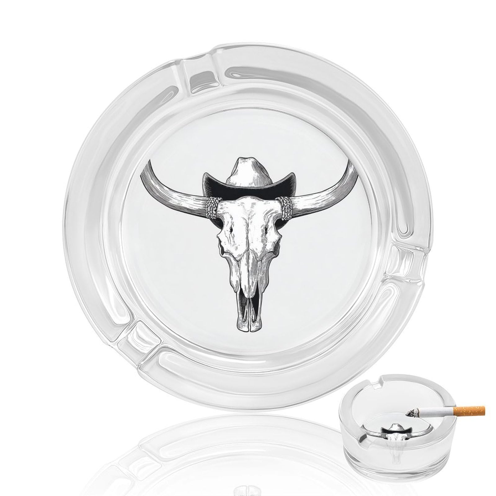 Bull Skull in Cowboy Hat Glass Ashtray for Cigarettes Portable Decorative Ash Trays for Home Office Decor