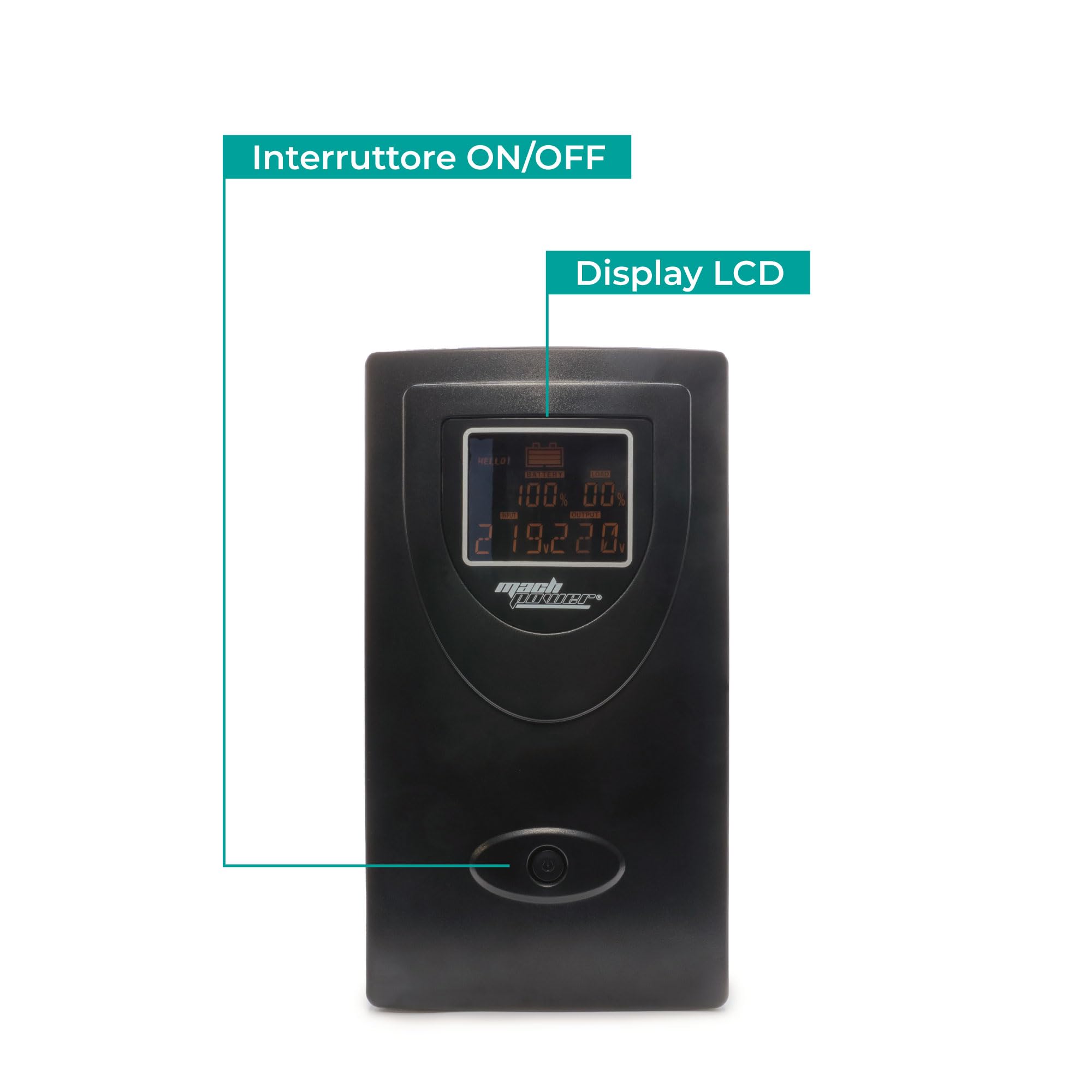 Gruppo di continuità line interactive 2000VA/1200W, stabilizzatore AVR, 2 batterie 12V/9Ah, 2 uscite Schuko/Ita, 1 Porta USB, display LCD, struttura in metallo UPS-LIT20MD (2000VA/1200W)