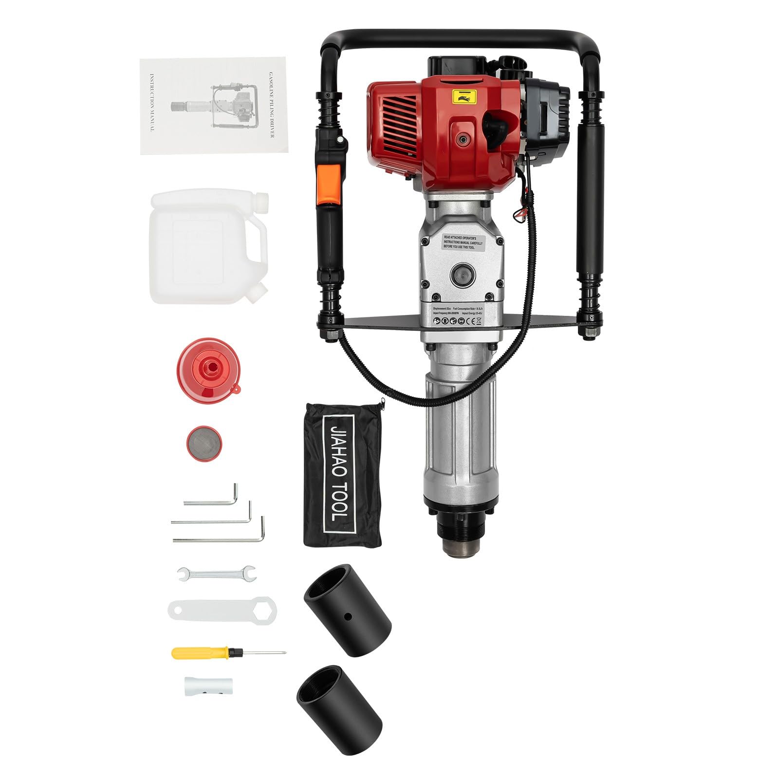 52CC 2 Stroke Gas Powered T Post Driver, 2.3HP 1900W Gas Powered Pile Driver Fence Post Driver with 2 Post Driving Head, Portable Petrol Piledriver