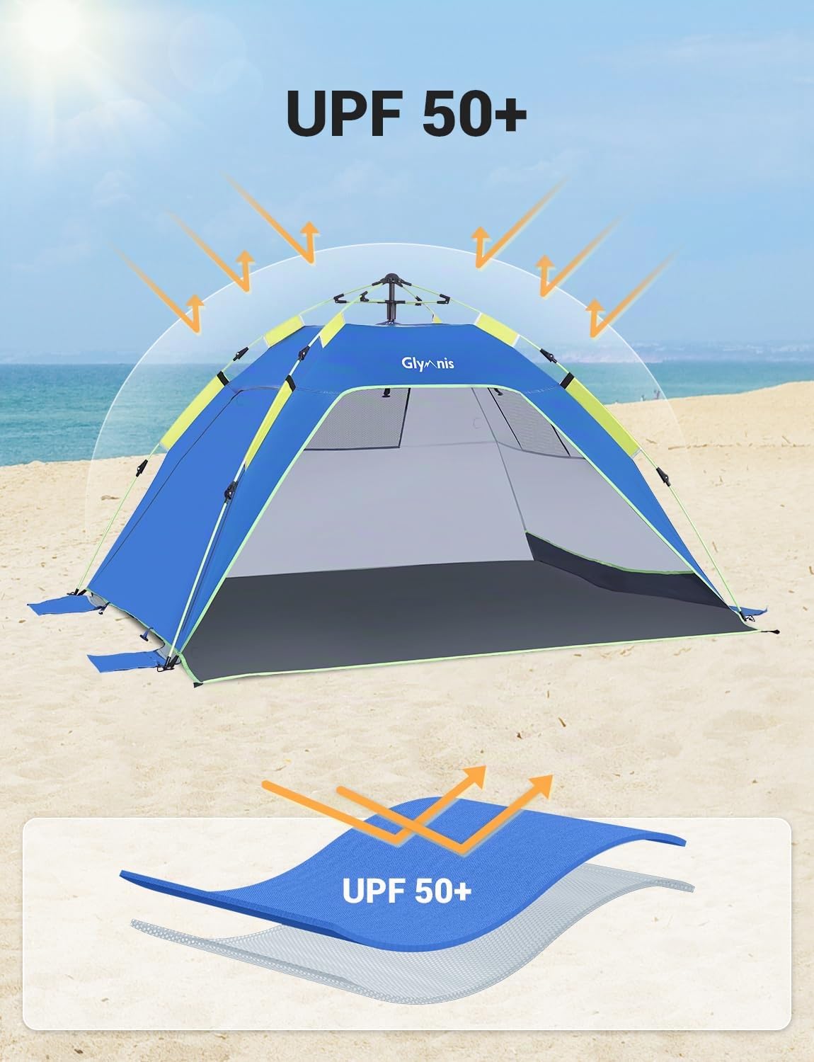 Glymnis Tente de Plage pour 3 à 4 Personnes – Protection Solaire Automatique UPF 50 + Anti-UV – Étanche avec Sac de Transport pour Camping, Plage, Pique-Nique, extérieur, Maison, Jardin, intérieur