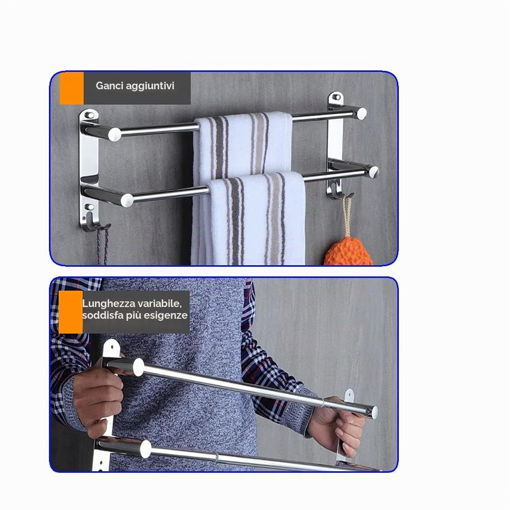 Portasciugamani Muro HONPHIER® Portasciugamani da Parete Porta Salviette Da Bagno Porta Salviette Acciaio Inossidabile Cromato Retrattile 49-90CM Portasciugamani Cromo (2 Barre)
