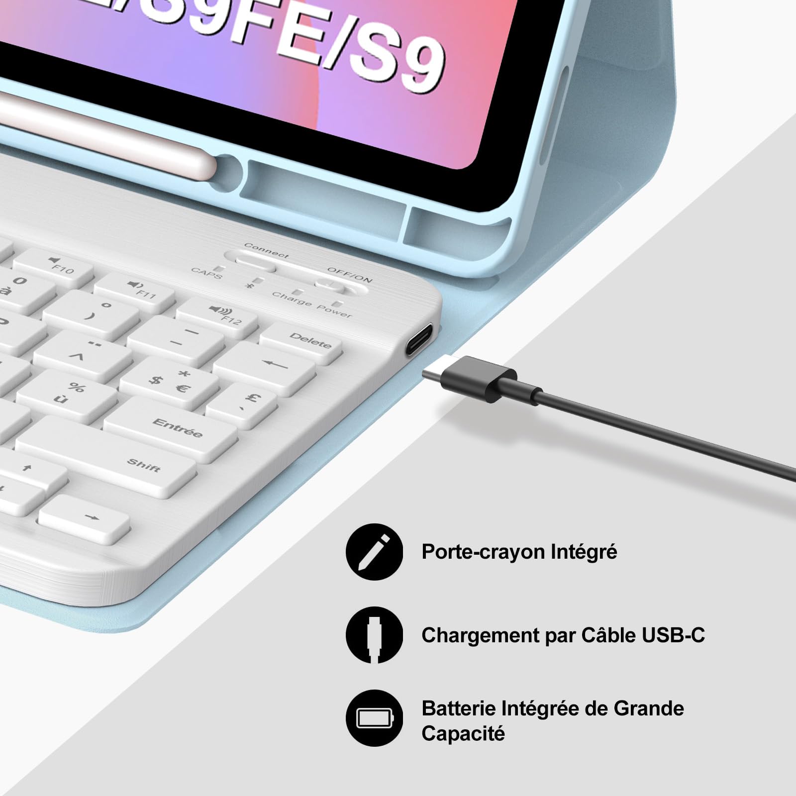Coque Clavier pour Samsung Galaxy Tab S10 Lite S10 FE 2025/S9 FE 2023 10.9 Pouces, AZERTY Français Housse Clavier Bluetooth Détachable avec Porte Crayon pour Samsung Galaxy Tab S9 11" 2023, Bleu Ciel