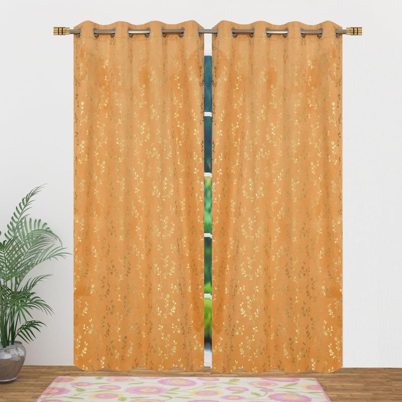 Image of Heavy Velvet Fabric Luxury Looks Room Darkening Floral Designer Curtains 8 Feet for Door, Gold, Pack of 2 Pieces