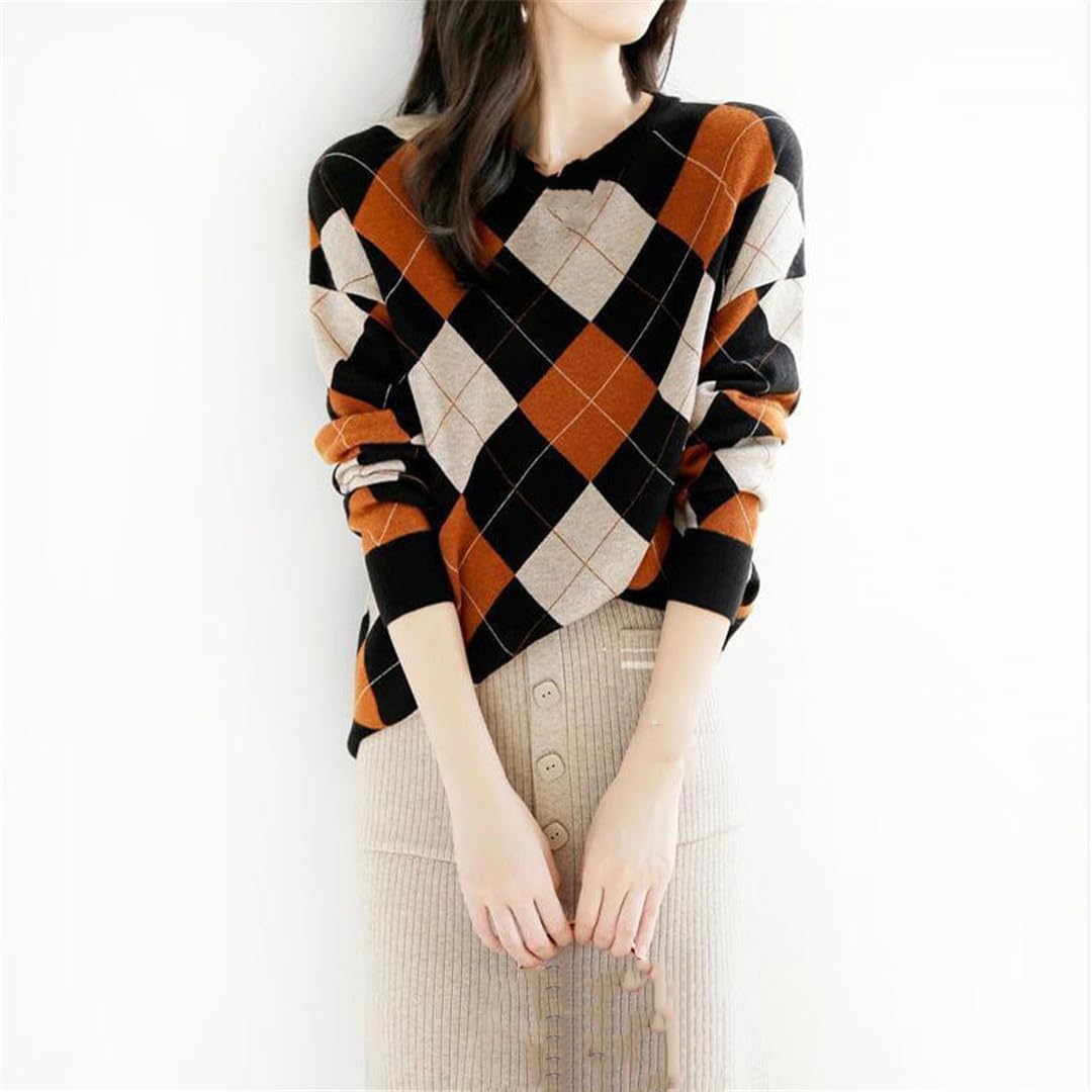Suéter de punto elegante retro con cuello redondo para mujer, manga larga, suéter cálido para otoño e invierno