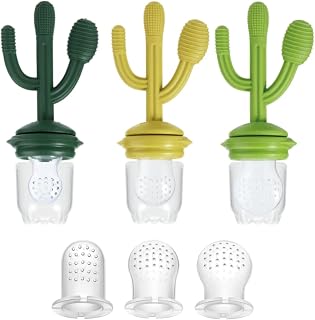 PandaEar Baby Fruit Food Feeder Pacifier, 3 Pack Silicone Feeder Cactus Shape Teething Toy Teether 3 Sizes Silicone Pouches for Babies Toddlers Infants Kids, BPA-Free Food Grade Soft Safe (Green)