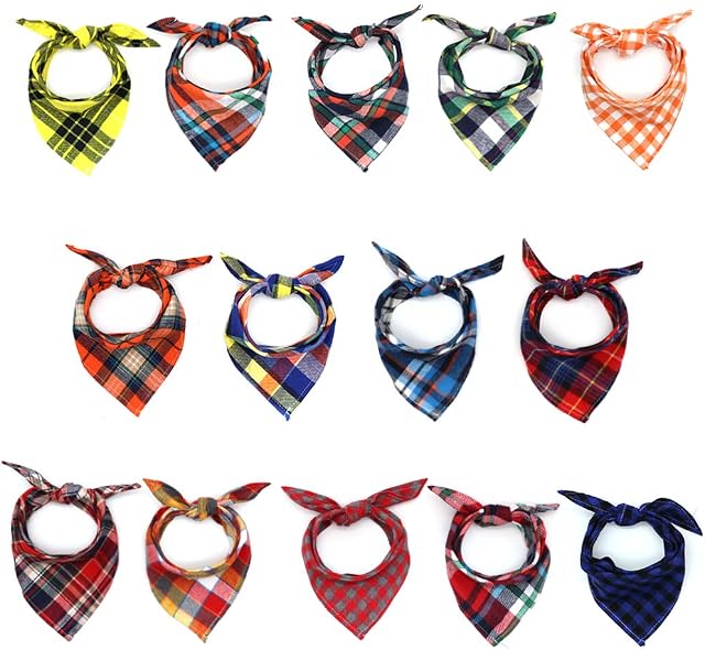 SLSON 14 Pack Dog Bandanas, Plaid Dog Scarf Washable Triangle Pet Bibs Kerchief for Puppy Small Dog and Medium Dog Cat Pets
