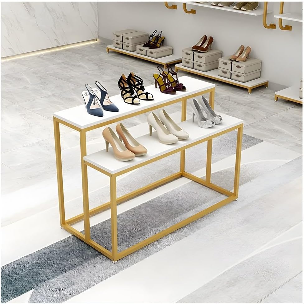 Modern Standing Display Riser Shelf, Metal Shoe Handbag Countertop Display Stand, Stepped Clothing Store Display Stand, for Retail Stores Home Hotel(Gold,80x48x60 cm/31x19x24 in)