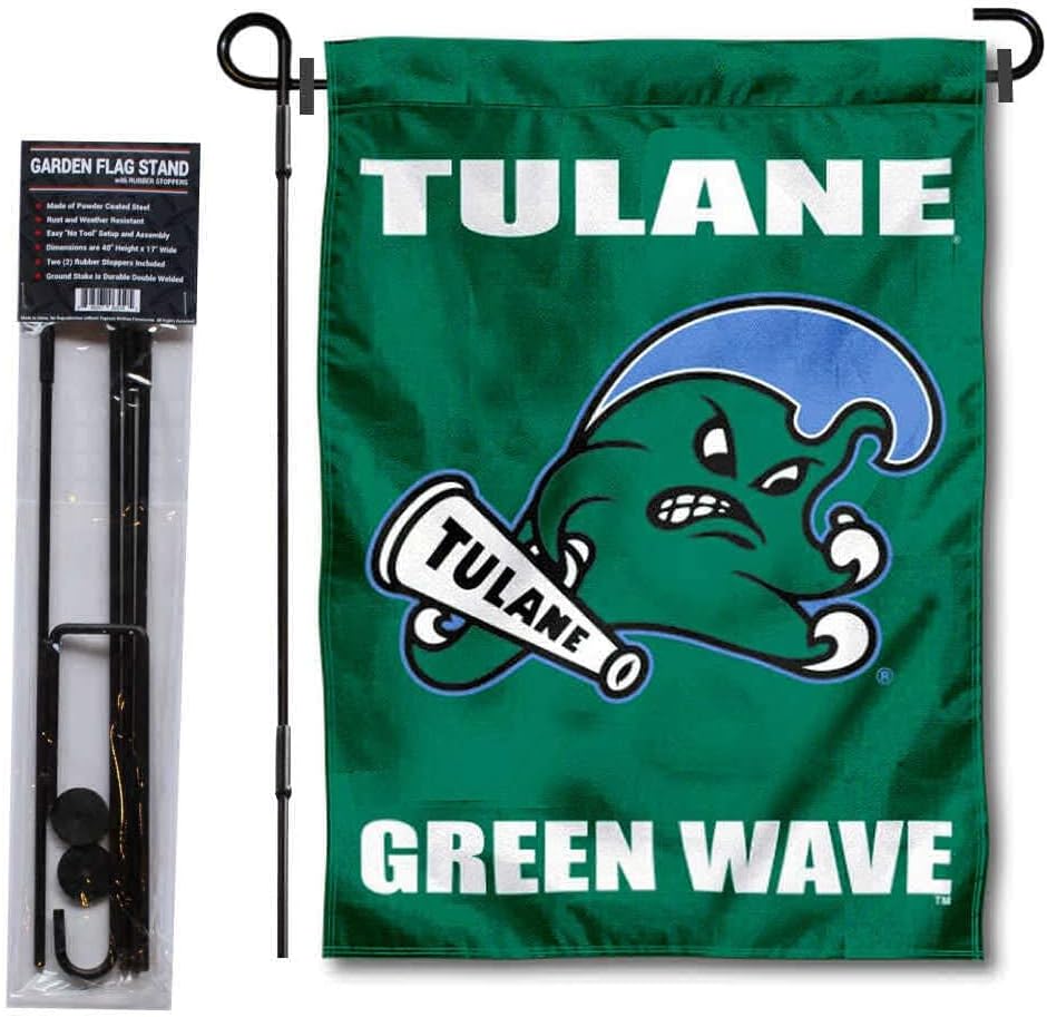 College Flags & Banners Co. Tulane Green Wave Wordmark Garden and USA Flag Stand Pole Holder Set