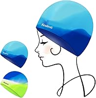 Vista 8 de Paquete de 2 gorros de natación para niños y niñas, unisex, de silicona, para niños de 4 a 12 años, ajuste cómodo para cabello largo y cabello corto