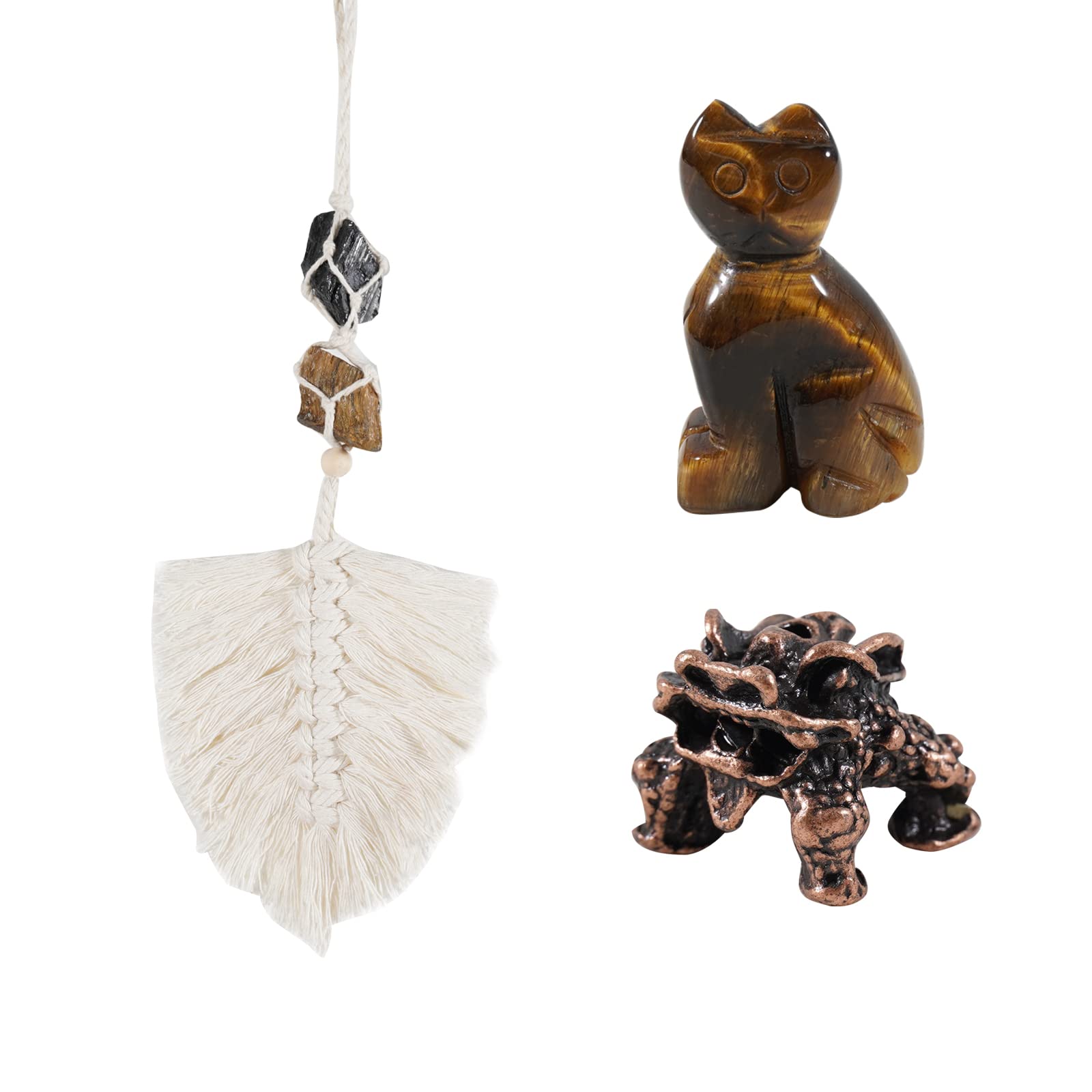 Soulnioi Natural Obsidian & Tiger Eye Crystal Raw Stone Leaf Tassel Car Hanging and Tiger Eye Crystal Cat Ornament 1.5 Inch and Mini Bronze Kylin Incense Burners Decoration Luck Gift