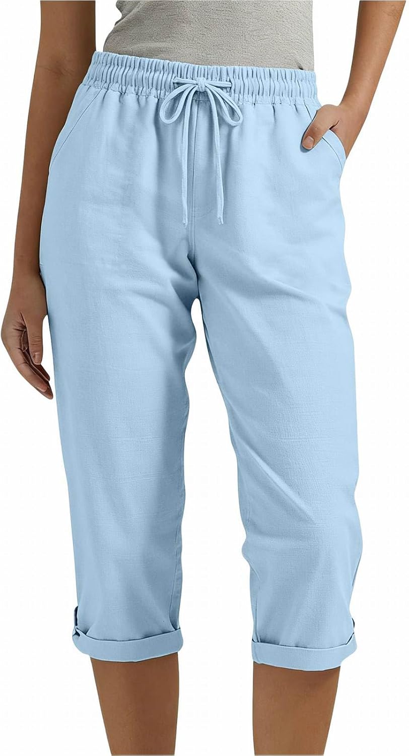 Capri Linen Pants for Women Drawstring Elastic Waist Straight Wide Leg Loose Lightweight Beach Trousers with Pockets