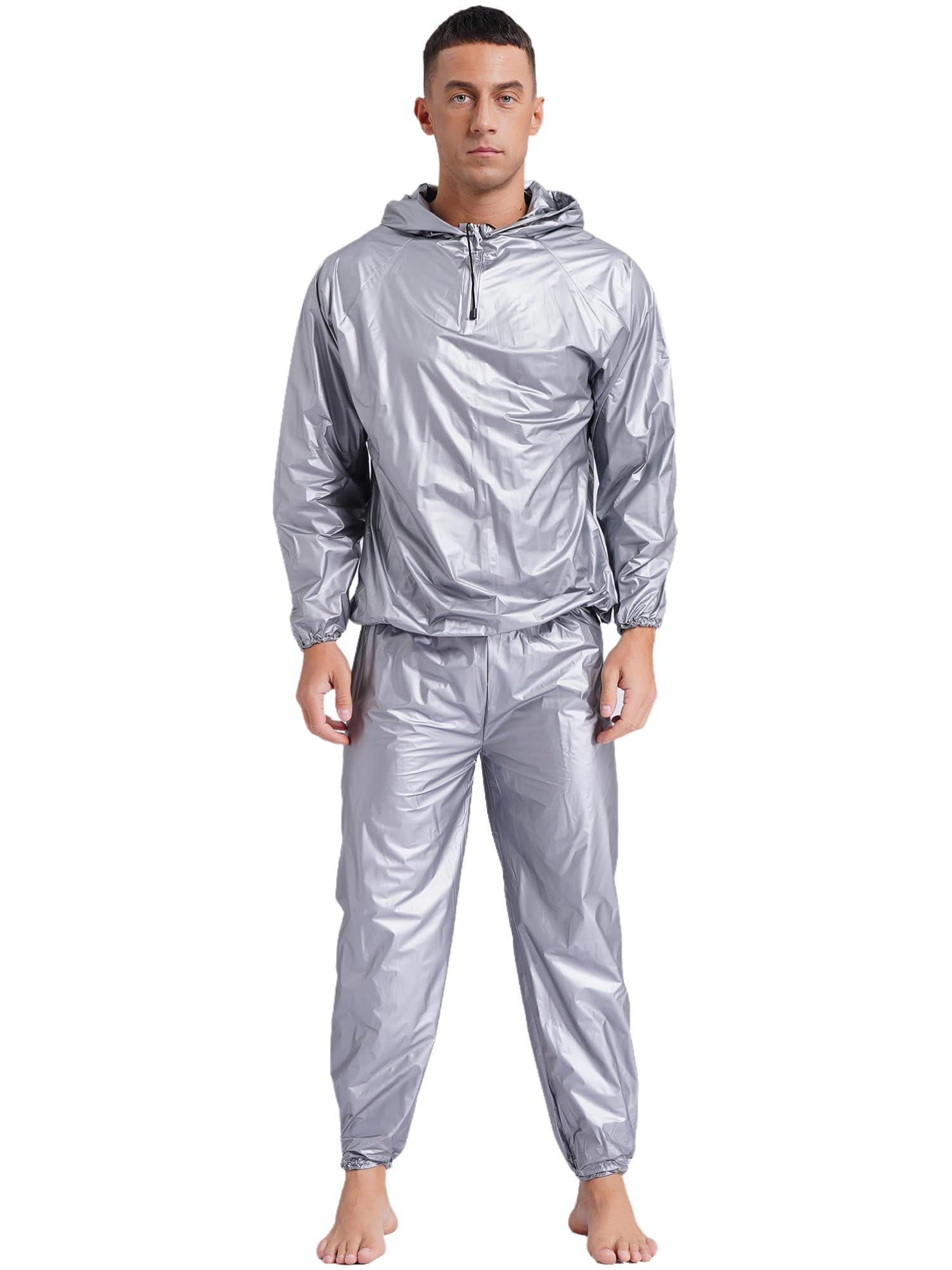 CHICTRY Men's Heavy Duty Sweat Suit Sauna Exercise Gym Sauna Suit Fitness Workout Anti-Rip with Hood Type B Silver 3XL