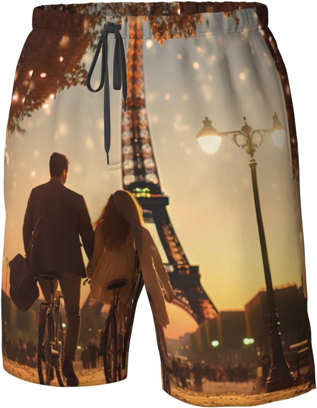 Mens Romantic Paris Eiffel Tower Bycicle Print Beach Shorts,Casual Summer Shorts for Men,Quick Dry Polyester