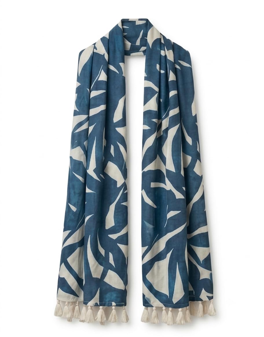 Blue & Cream Leaf Print Scarf with Tassel Trim-image-0