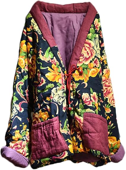 Giacca Trapuntata Donna Stile Cinese – Fiori Grandi, Patchwork, Aperta Davanti, Cotone Morbido, Modello Etnico Nordest