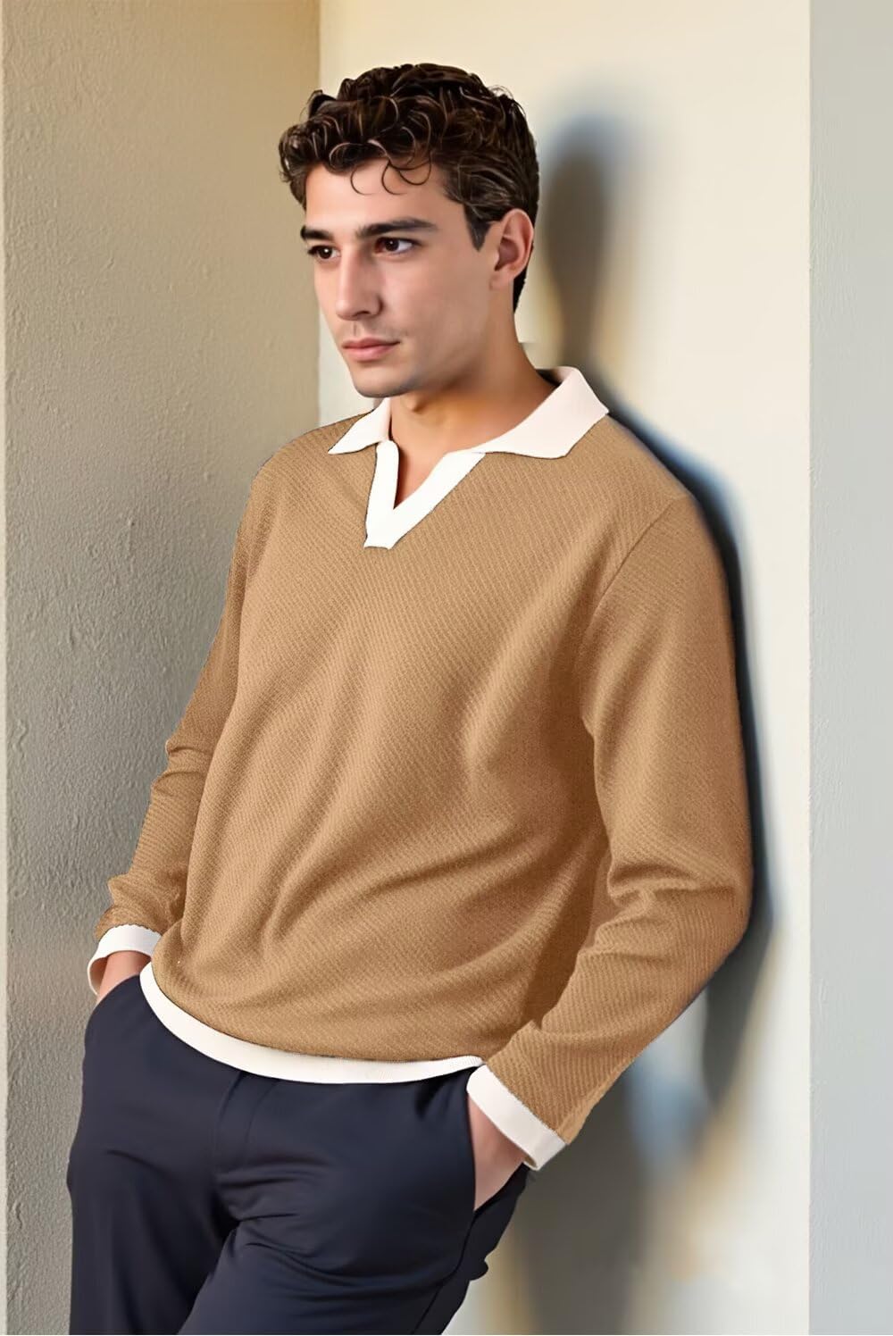 BAYAMO Mens Polo Sweater V Neck Long Sleeve Pullover Sweater Casual Knit Textured Sweater - Image 3