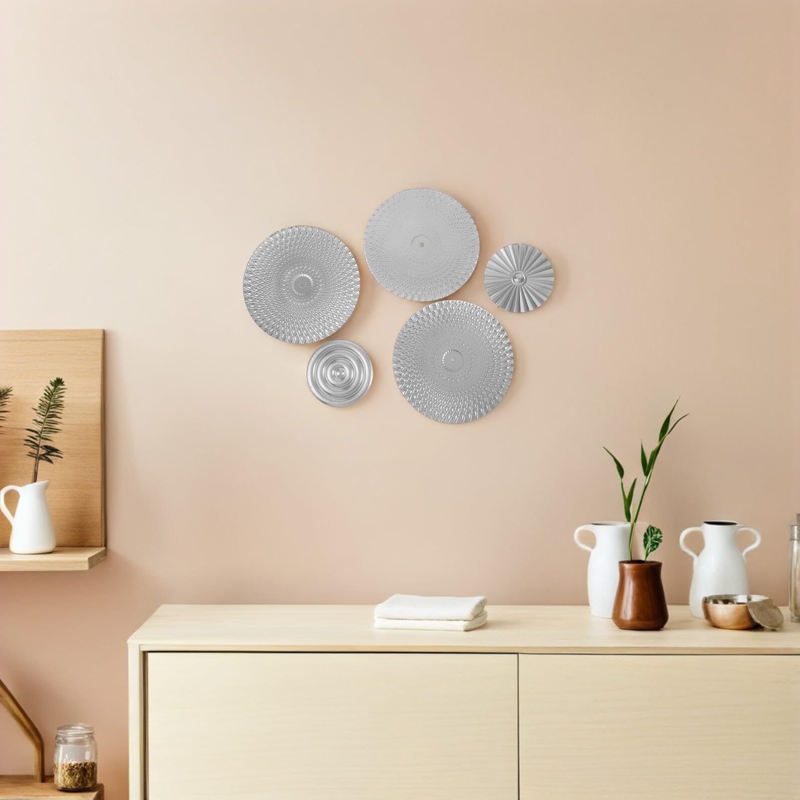 ZUNOXAZ 5 Teiliges Wanddekor Set Sonne Aus Metall Moderne Wandkunst Wandbehang Über Dem Sofa Schlafzimmerdekoration Silberne Wanddeko Aus Metall