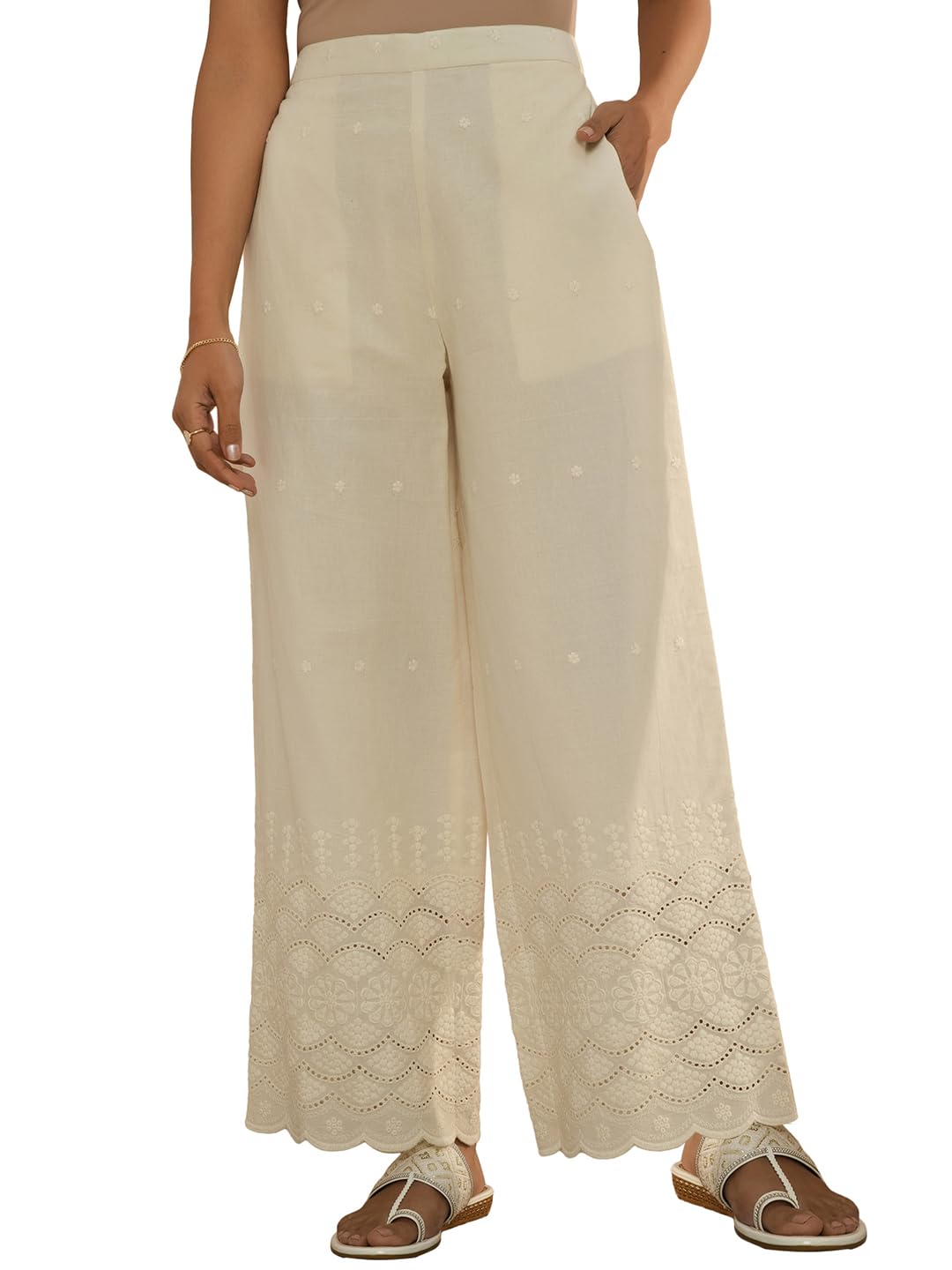 LibasOff White Embroidered Cotton Wide Leg Palazzos