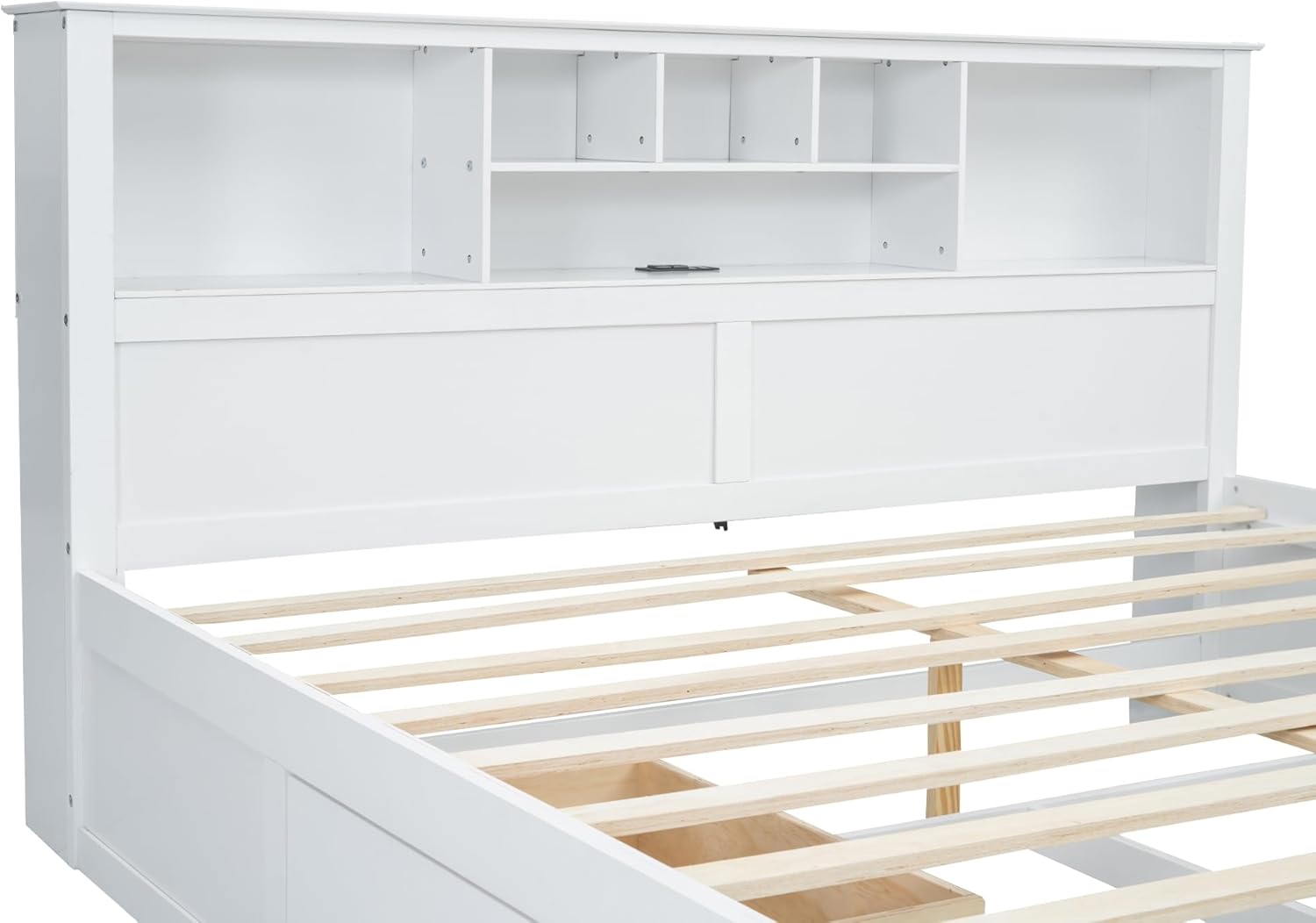 LZ LEISURE ZONE King Size Platform Bed, Wood King Bed with Multi-Storage Headboard, USB and Drawers, White