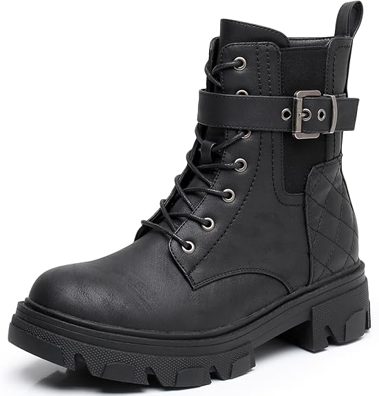 GLOBALWIN Women's Combat Boots Lace Up Ankle Booties Comfortable Lug Sole Boots For Women Chunky Low Heel