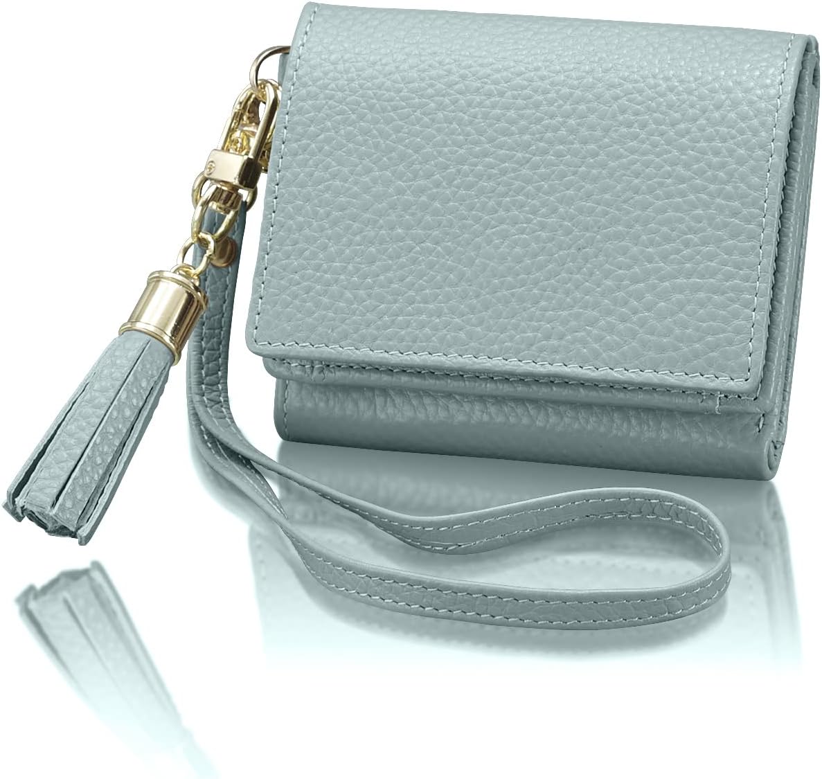 [アンコール] ミニ財布 【高見え 本革 くすみカラー】 三つ折り財布 財布 レディース ミニウォレット 小さい カード14枚収納 スキミング防止 コンパクト ストラップ タッセル ジャパン(くすみブルー)