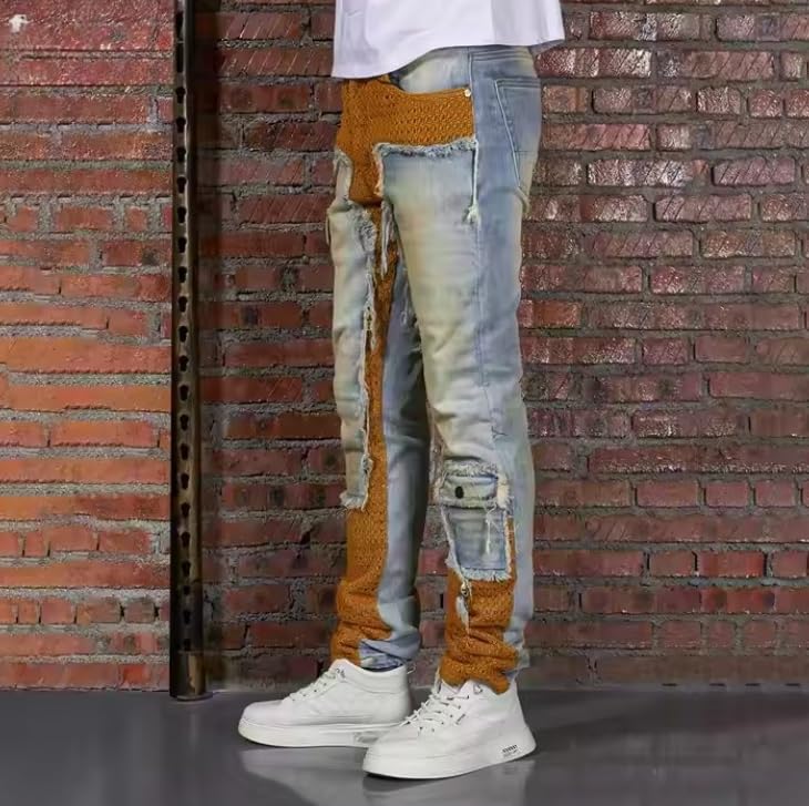Men's Straight-Leg Mid-Rise Denim Pants with Denim Patchwork, Slim Fit, Multiple Pockets, Trendy Casual Street Style Denim3
