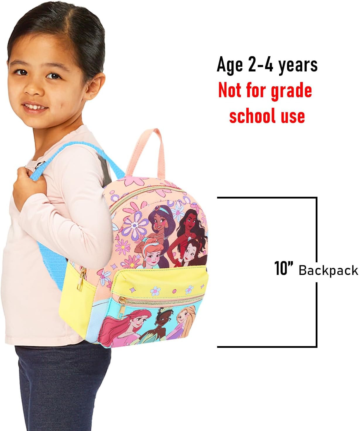 Disney Princess Mini Backpack for Women - 10" Disney Fashion Bag Feat. Belle, Ariel, Tiana and More Plus Bookmark for Teens | Princess Purse Bundle