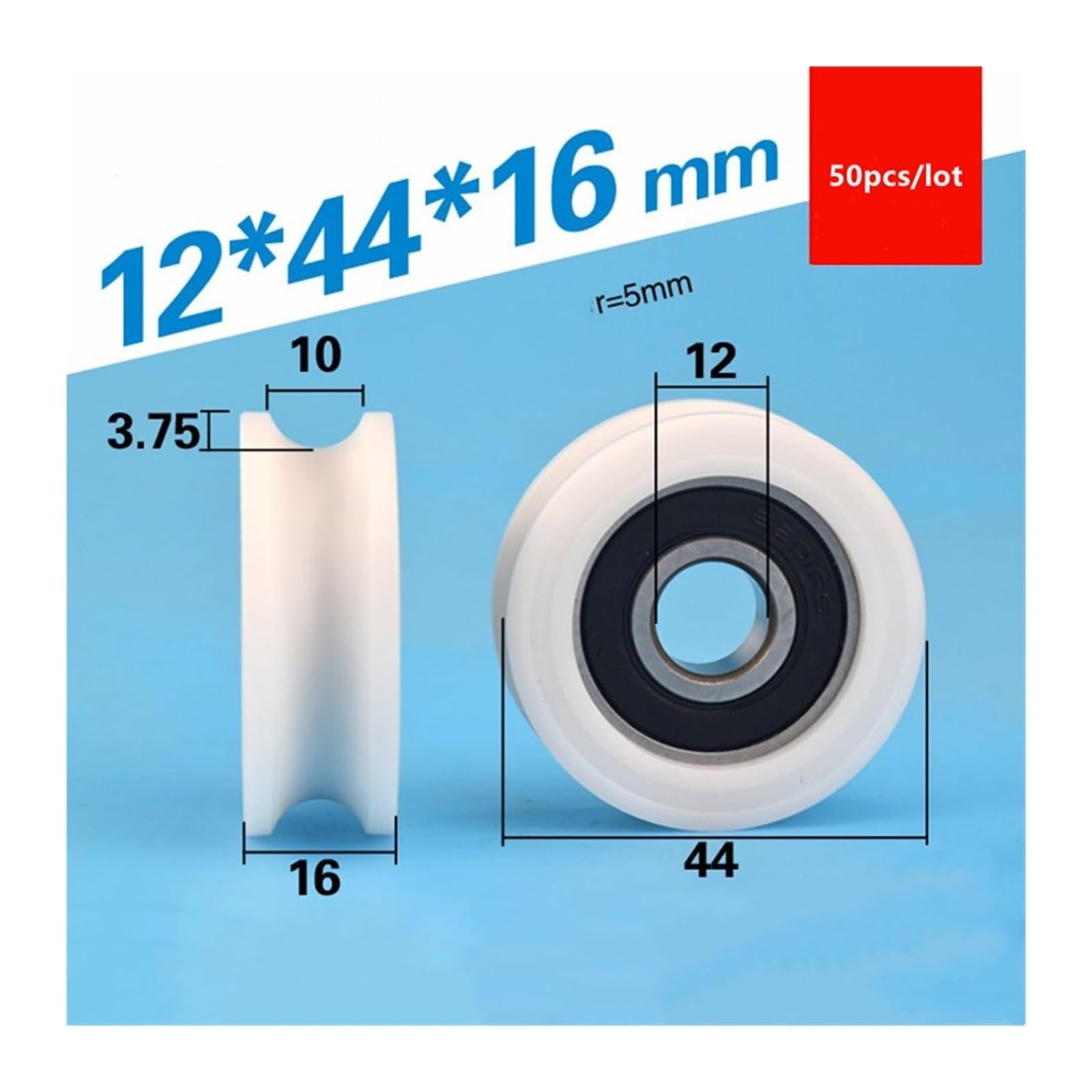 10 piezas de rodamientos con ranura en U y revestimiento de plástico 6201, 12 x 44, 16 mm, polea de nailon POM, rodillo guía de pista(Black)