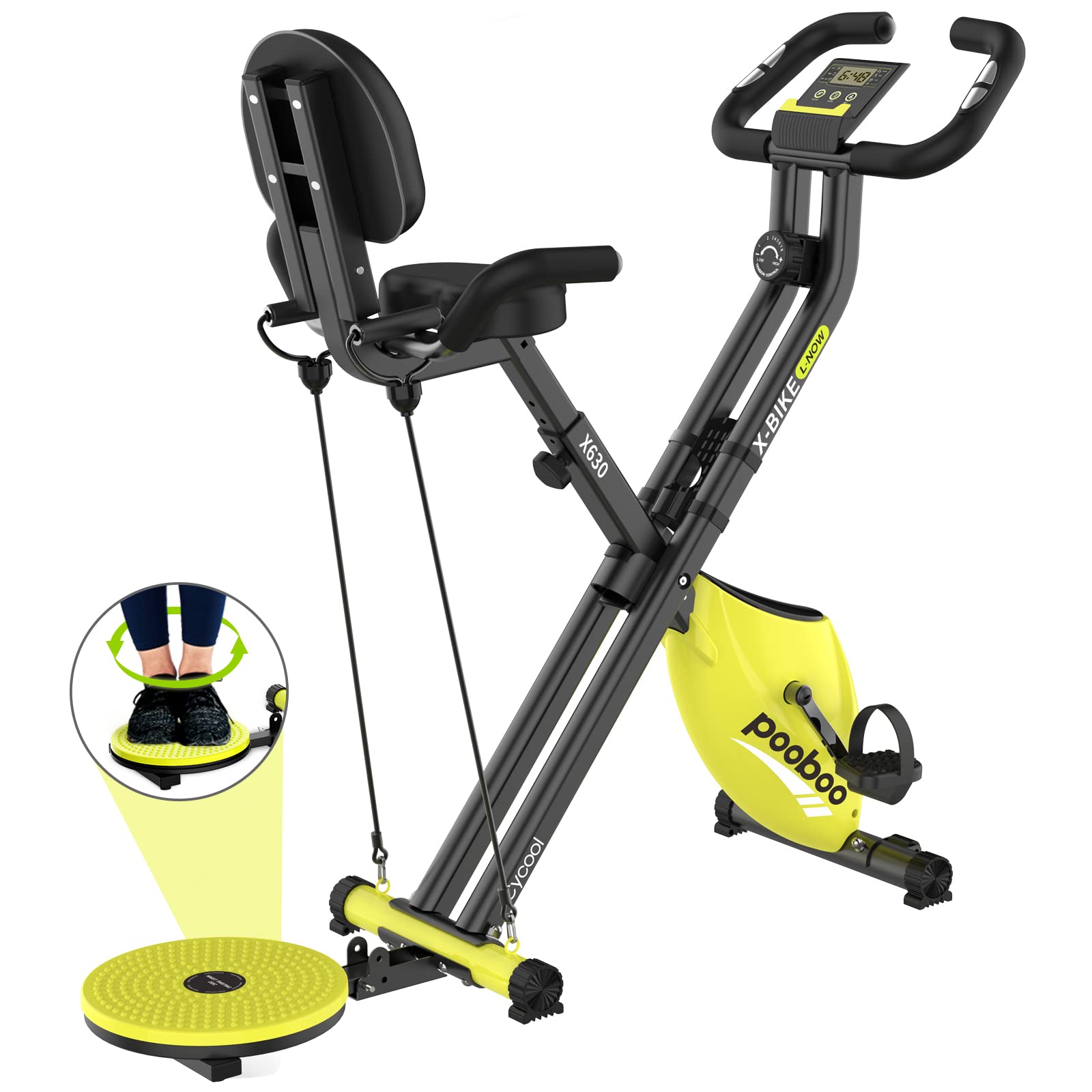 pooboo Folding Exercise Bike Magnetic Foldable Stationary Bike, 3 in 1 Indoor Cycling Bike Upright Fitness Workout X-Bike with 8-Level Resistance and Arm Resistance Band, Pulse Sensor,LCD Monitor