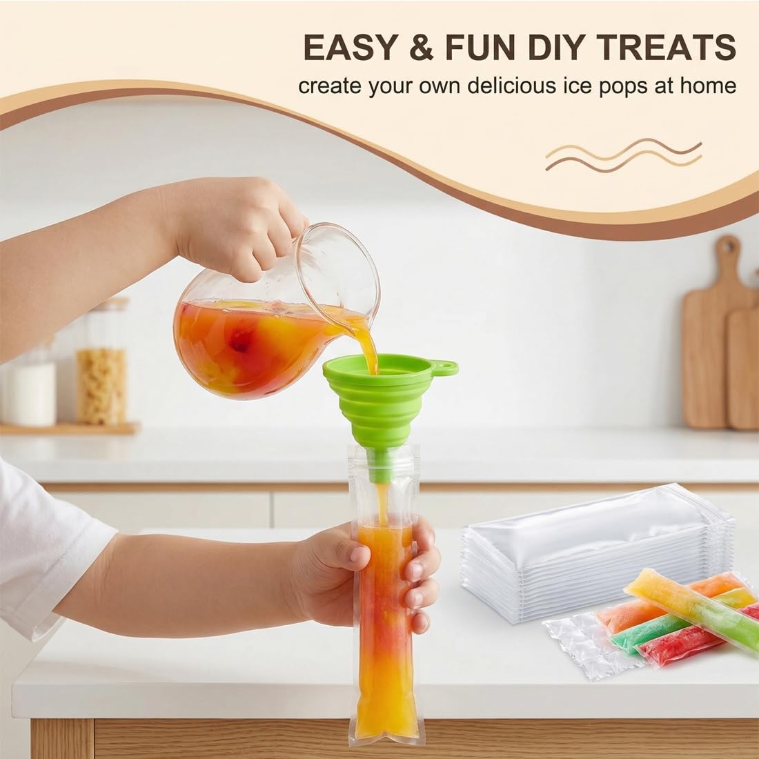 Bolsas para Helados y Paletas | Kit DIY 100 Bolsas + 1 Embudo Plegable + 10 Bolsas Hielo (240 Cubitos), Sin BPA para Polos Flash Caseros, Zumo y Yogurt.