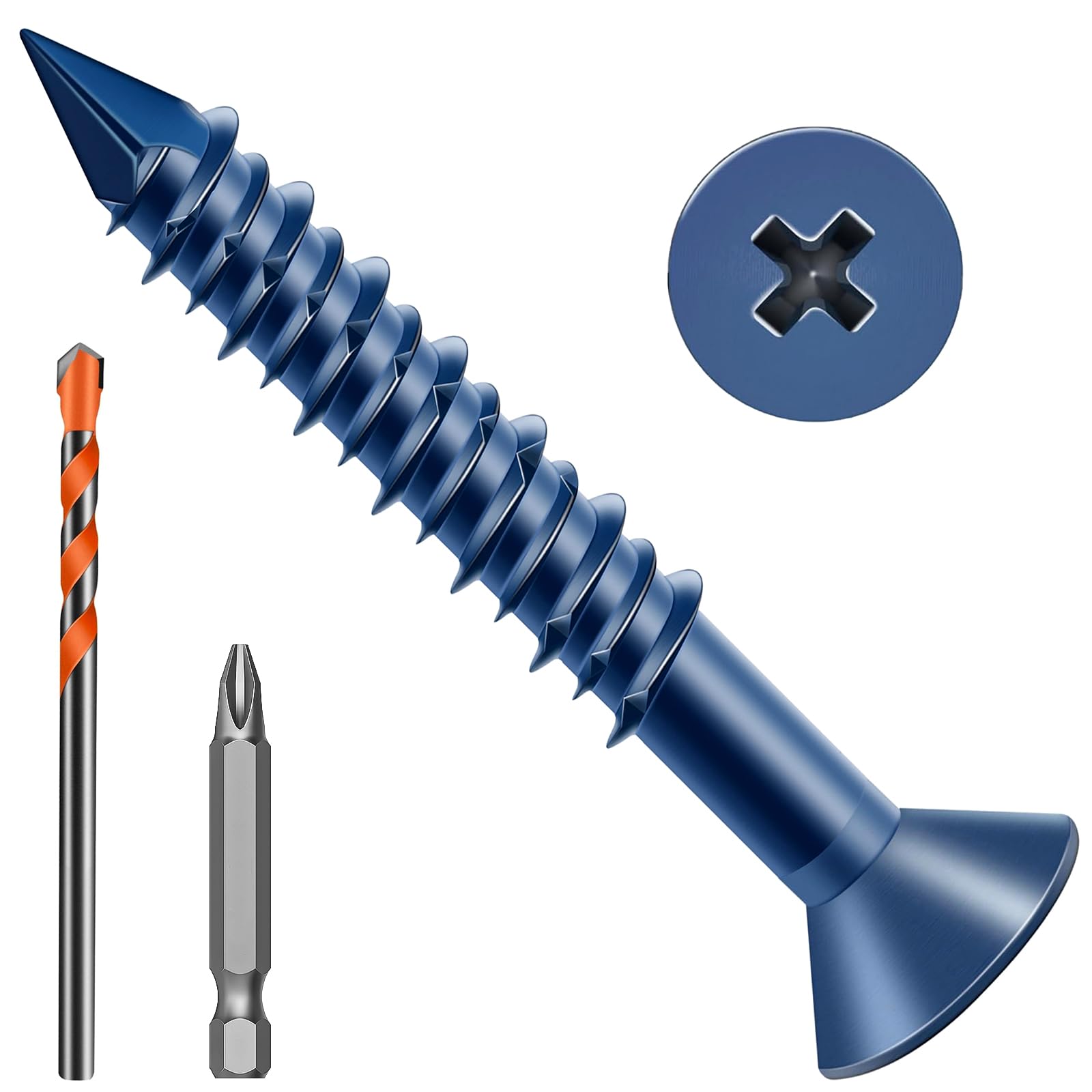 Zynthor 5.5 x 70mm Concrete Screws, 50 Pcs Blue Flat Head Concrete Screws Anchor Kit with Drill Bit and Screwdriver Bit, for Masonry, Cement, Block, Brick or Stucco