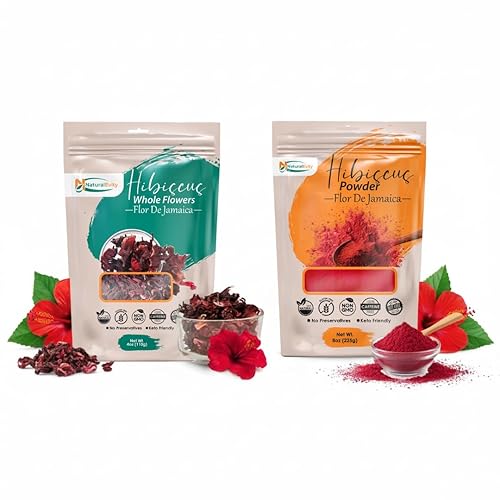 NaturalEvity Flores de hibisco secas enteras (4 onzas) + polvo de hibisco fino (8 onzas), pétalos de alta calidad sin OMG secados al sol para té,