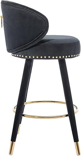 Miniatura 5 de Juego de 2 taburetes de bar, cojín grueso de terciopelo, con ribete de anillo y botón giratorio trasero, con una altura fija de 360 grados, Negro
