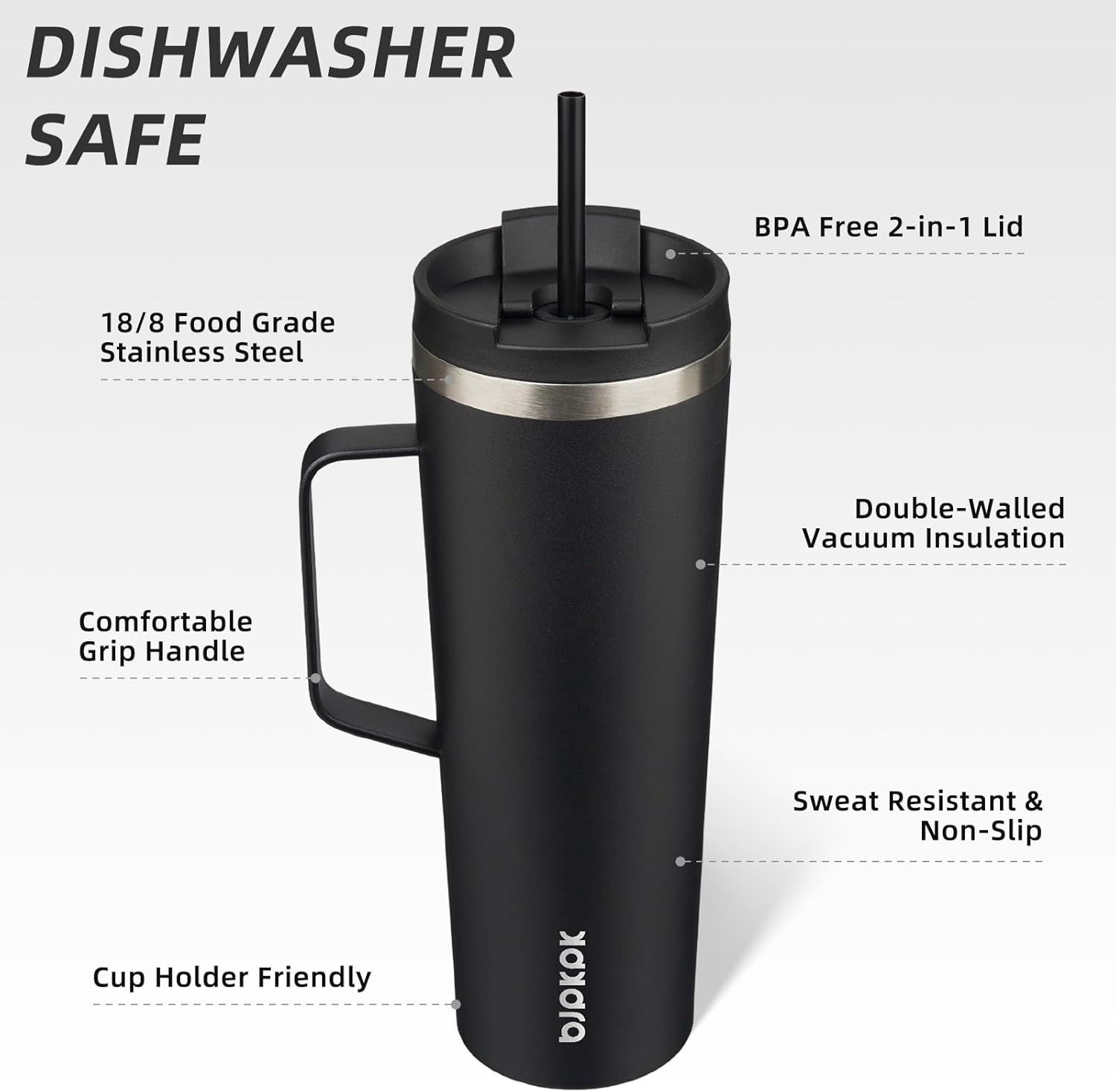 BJPKPK Insulated Tumbler with Handle, 30oz Insulated Tumblers with Lid and Straw, Stainless Steel Metal Water Bottles, Coffee Travel Mugs, Cups, Black - Image 2
