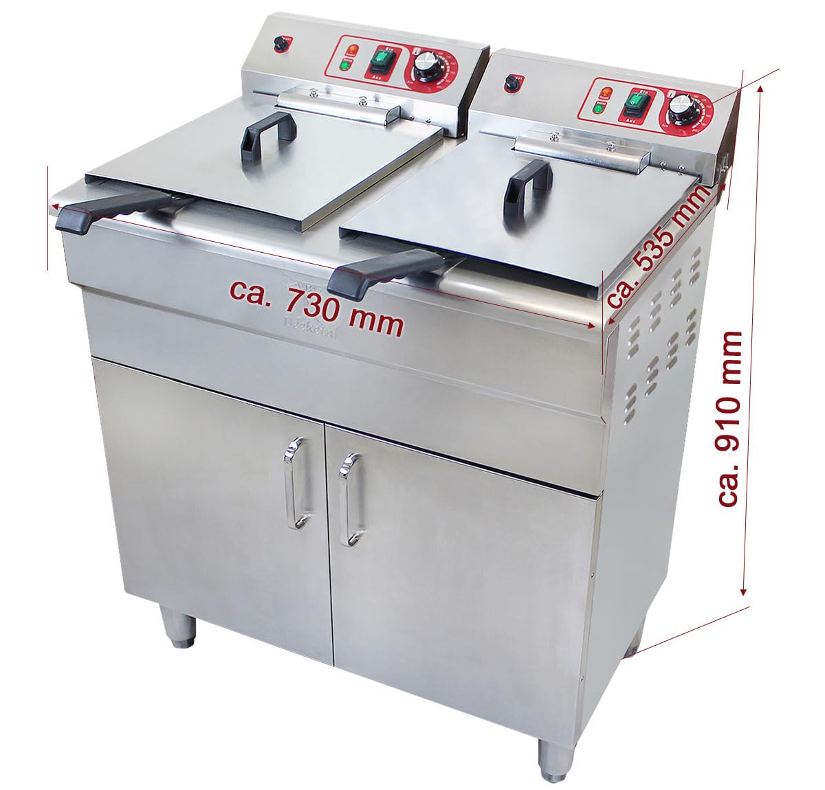 Beeketal 'BSF-320P' Profi Gastro Stand Doppel Fritteuse mit Unterschrank (2 x 16 L Volumen für max. 2 x 11 L Öl) Friteuse mit Fettablaufhahn im Schrank, 2 x 5000 Watt, 400V-50Hz Starkstrom Anschlüsse