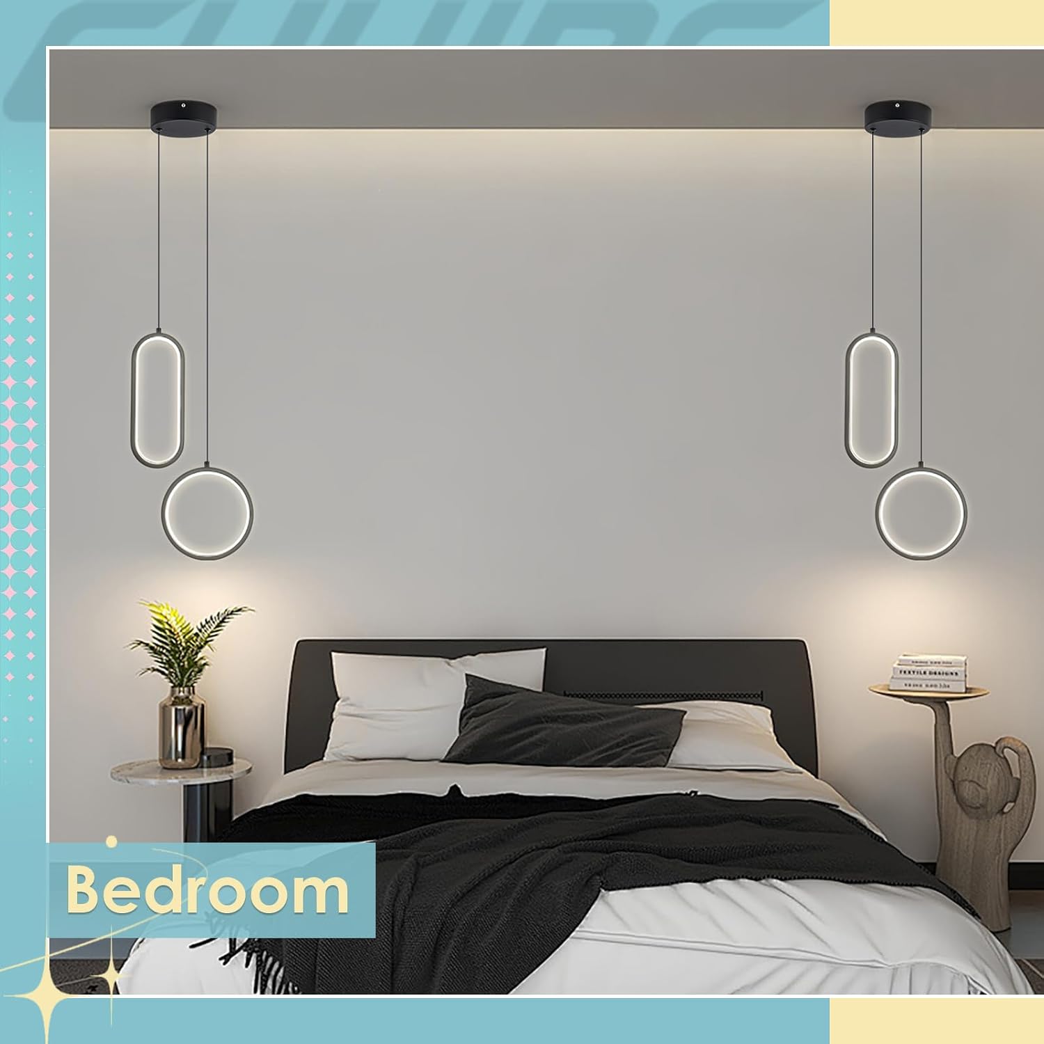 CHYING Black Modern LED Pendant Light with Remote Control, 2 Ring 24W 3-Color Temp Stepless Dimmable Ceiling Hanging Light for Bedroom Kitchen Island Dining Room Foyer Entryway