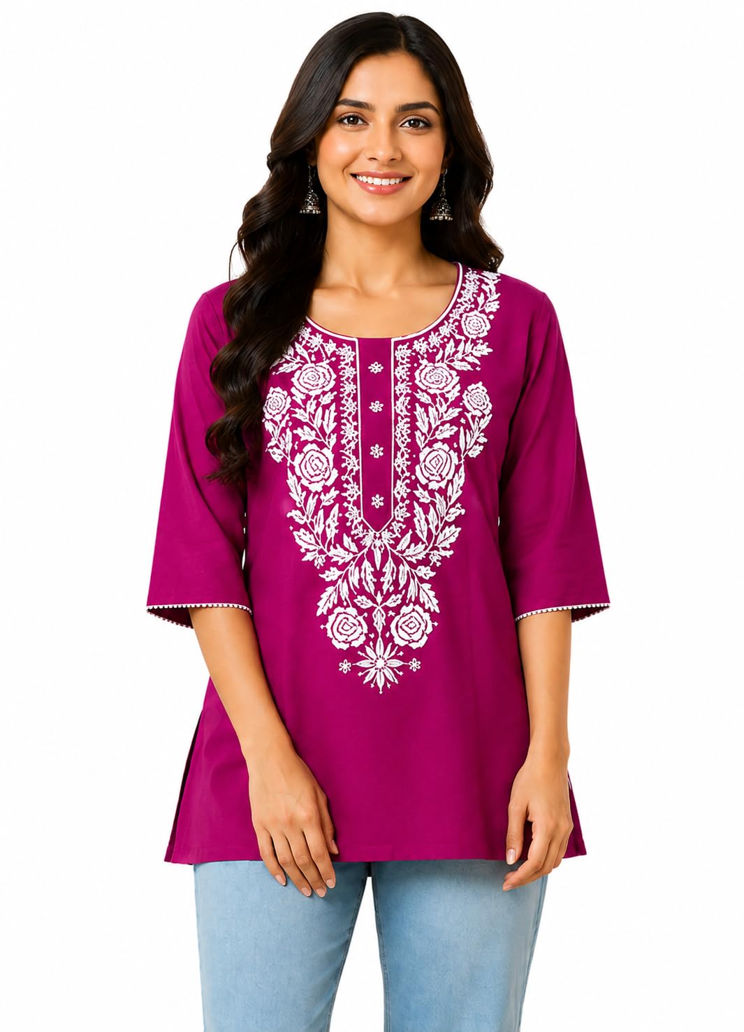 Women's Cotton Embroidered Short Kurti | Floral Printed 3/4 Sleeve Round Neck Casual Western Top for Women | Regular Fit Tunic Top-picture-55