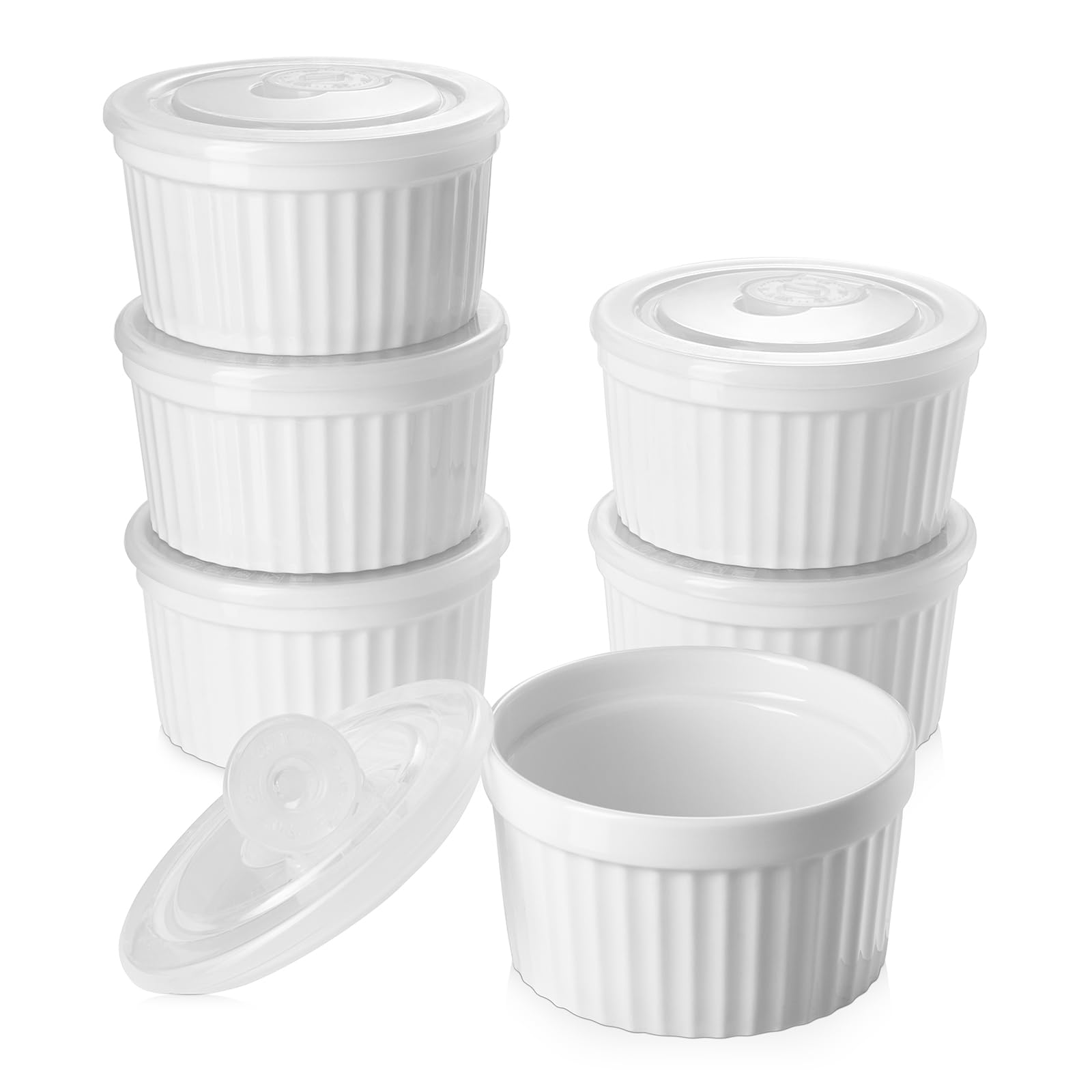 Samsle Lot de 6 ramequins en porcelaine de 236,8 g - Passent au four avec couvercle - Petits plats à soufflé pour crème brûlée, crème glacée, trempage et sauces, mini bols de cuisson en céramique