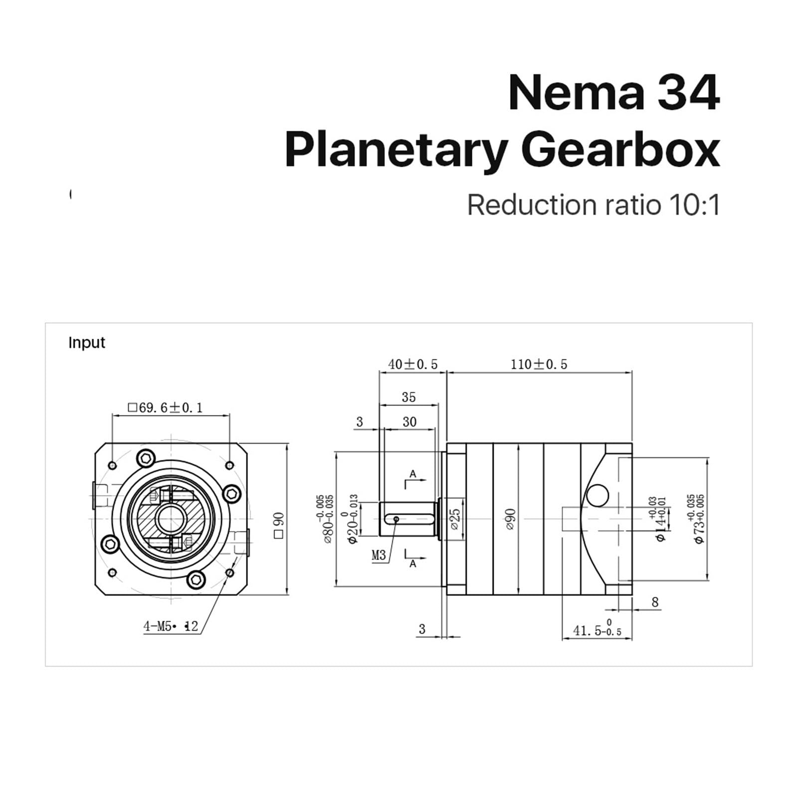 Réducteur de Vitesse planétaire Nema 34, Rapport 10:1, avec entrée 14 mm for Moteur Pas à Pas Nema 34